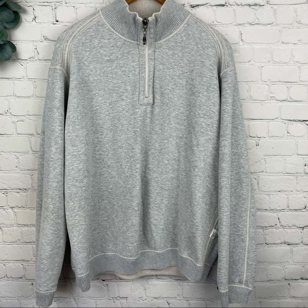 TOMMY BAHAMA 1/4 Zip Reversible Gray and Oatmeal Sweater size large